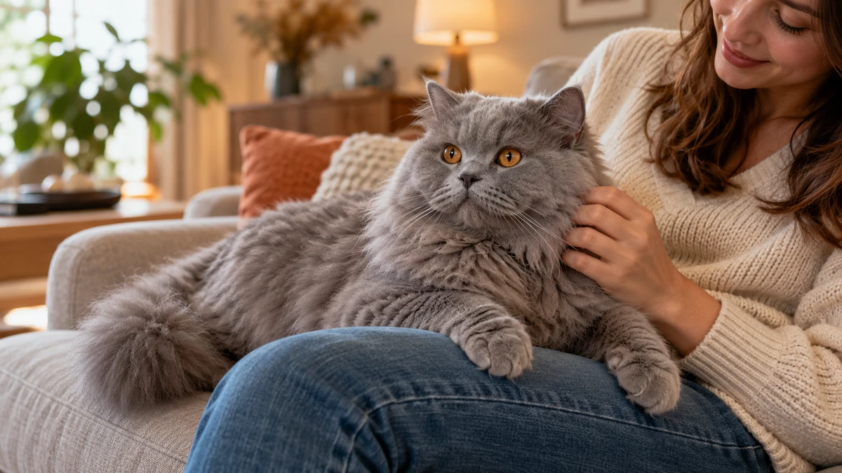 British Longhair kedi — sahibinin kucağında