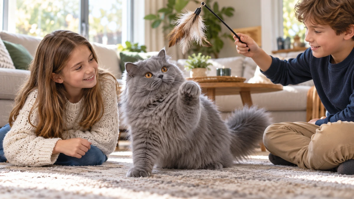 British Longhair kedi — çocuklarla oyun
