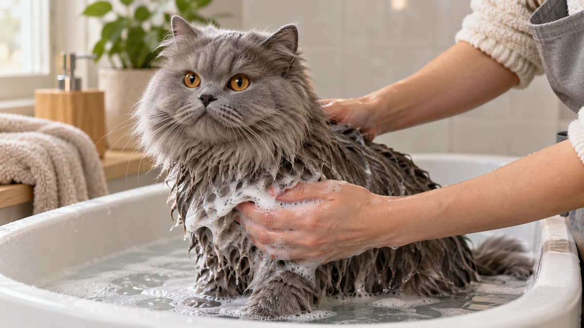 British Longhair kedi — banyo ve temizlik